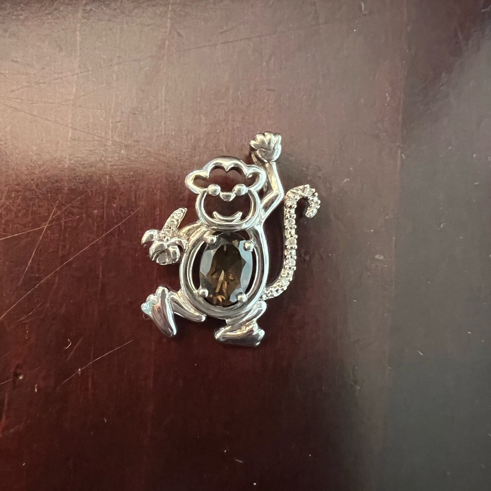 Silver Monkey Brooch with Black Gem